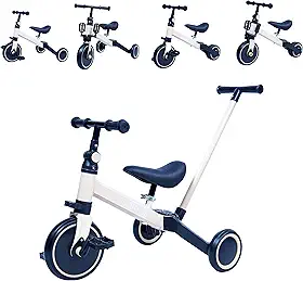 Bicicleta de Equilíbrio Infantil 4 em 1 Triciclo Andador com Pedais Removíveis e Haste Guia Ajustável Bebê 18 Meses a 5 Anos MSP KIDS (NUDE)