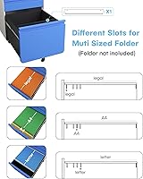 Vista 5 de Dripex Gabinete de 3 cajones, archivadores de metal con ruedas con cerradura y riel colgante para archivo A4LegalCarta, diseño antivuelco bajo