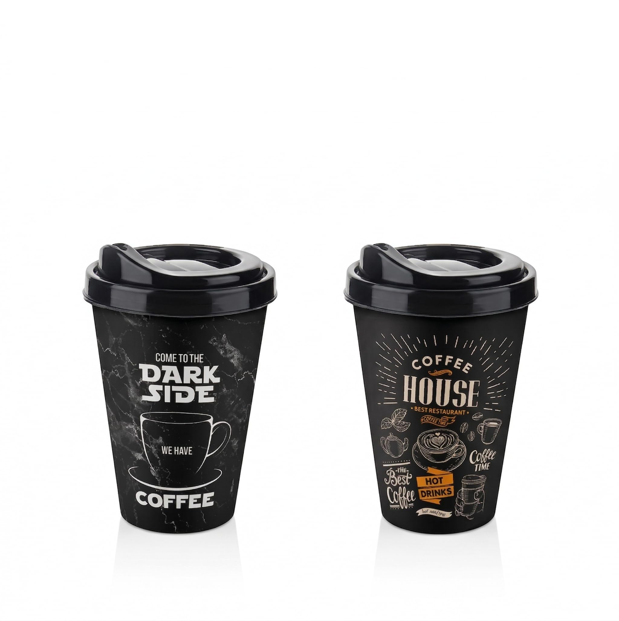 Titiz 2'li Coffee House Desenli Kahve Bardağı Takımı (2 x 400 ml) - Kahverengi Pipet Girişli Kapaklı İçecek Bardağı Paketi
