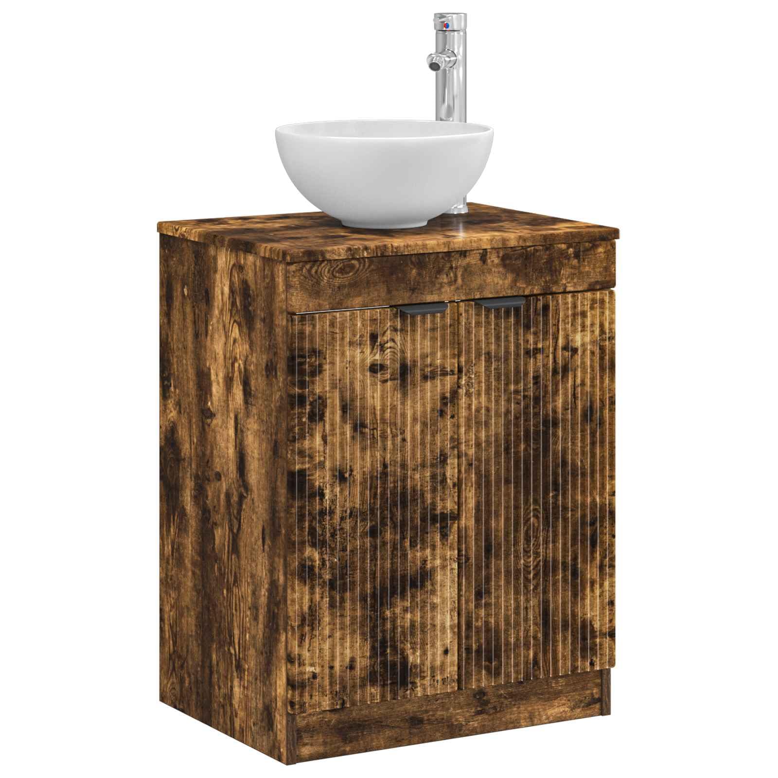 Mueble de baño de roble ahumado, 54 x 41 x 70 cm | Elegante mueble de lavabo para baño de invitados con orificio de placa flexible y mango negro.