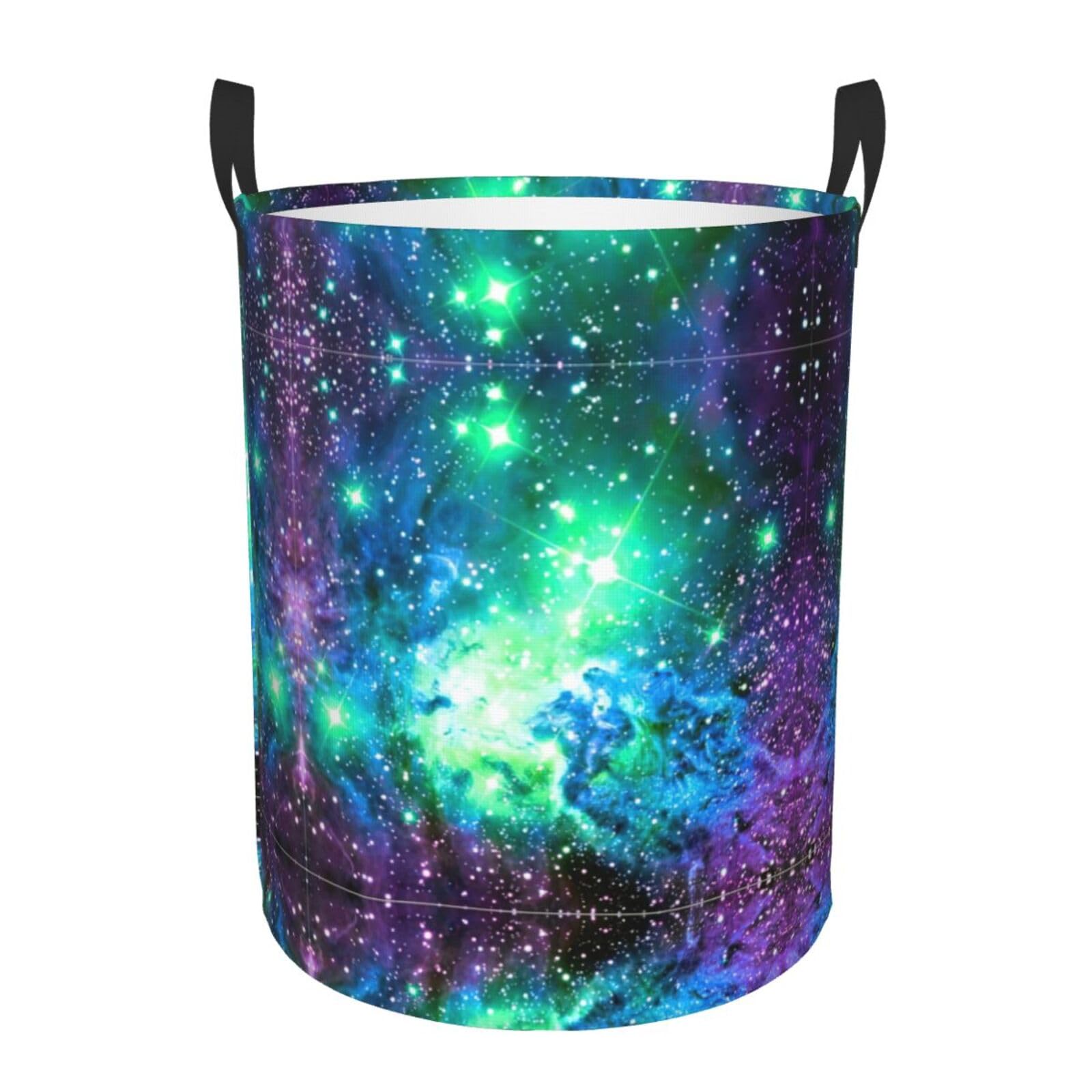 S Collapsible Round Green Blue Purple Galaxy Print Laundry Hamper