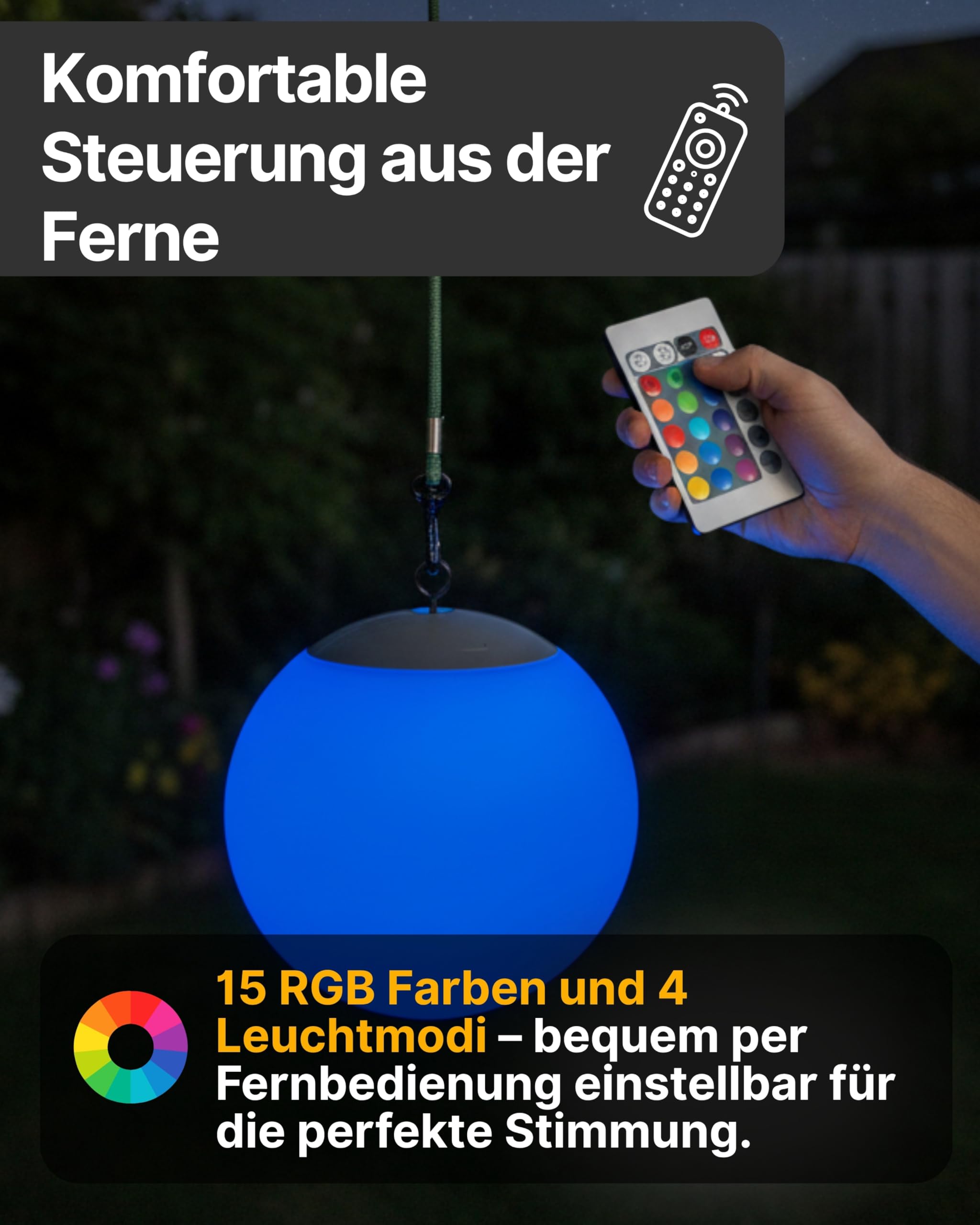 SCHWAIGER Solarlampe RGB LED-Hängeleuchte IP44 spritzwassergeschützt mit Fernbedienung für Garten Balkon Terrasse