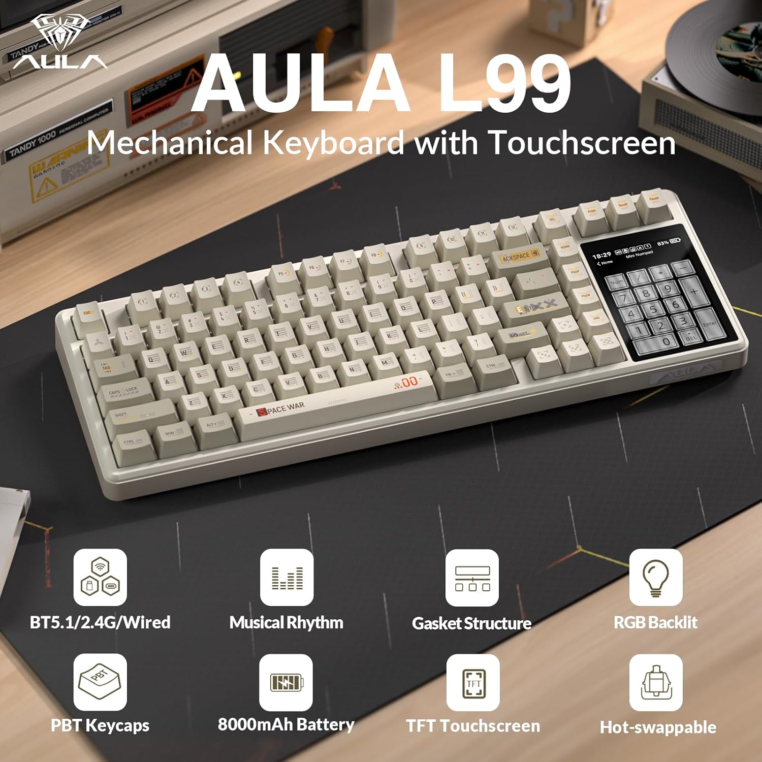 Aula L99 Wireless Mechanical Keyboard with Smart Touch Screen,Tri-Mode Hot Swappable Custom Gaming Keyboard,RGB Backlit,PBT Keycap,Gasket Mount Creamy Sound Computer Keyboards for Office PC,84 Keys