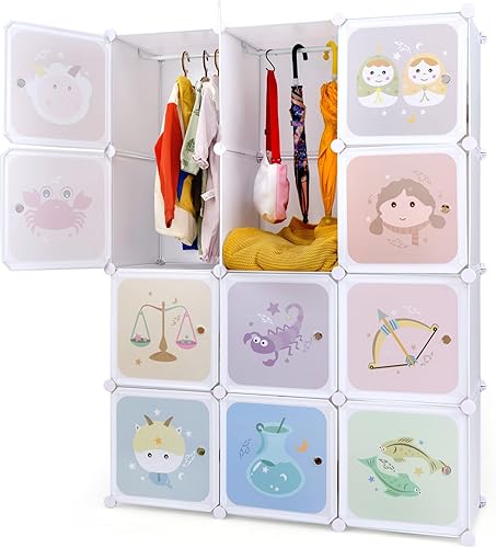 Miniatura 14 de INFANS Armario para niños, armario portátil para bebé, lindo para dormitorio de niños, armario de guardería con puertas, 12 cubos, 2 secciones para