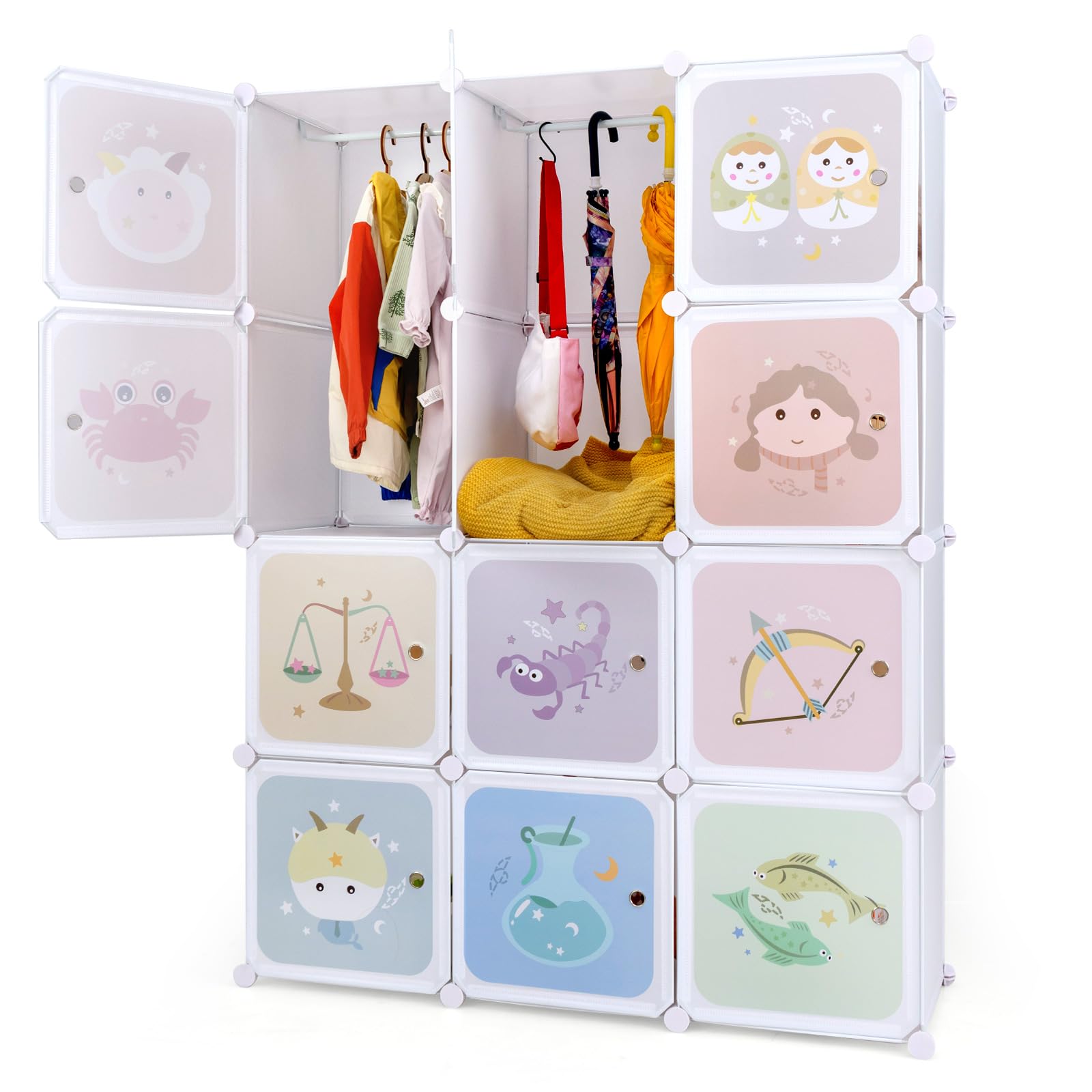 INFANS Children Wardrobe, Kid Closet Portable Baby Dresser Cute for Kids Bedroom Nursery Armoire with Doors 12 Cube 2 Hanging Sections, Kid Clothes