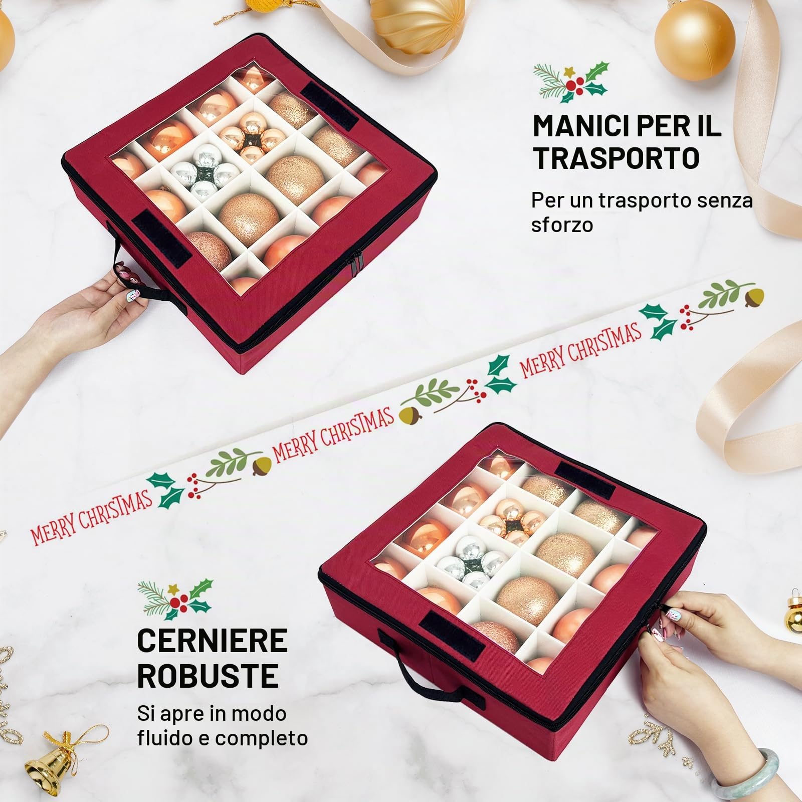 Scatola portaoggetti per ornamenti natalizi con divisori, 4 pezzi, organizer pieghevole per decorazioni natalizie, con 2 manici e coperchi, per le vacanze (rosso)