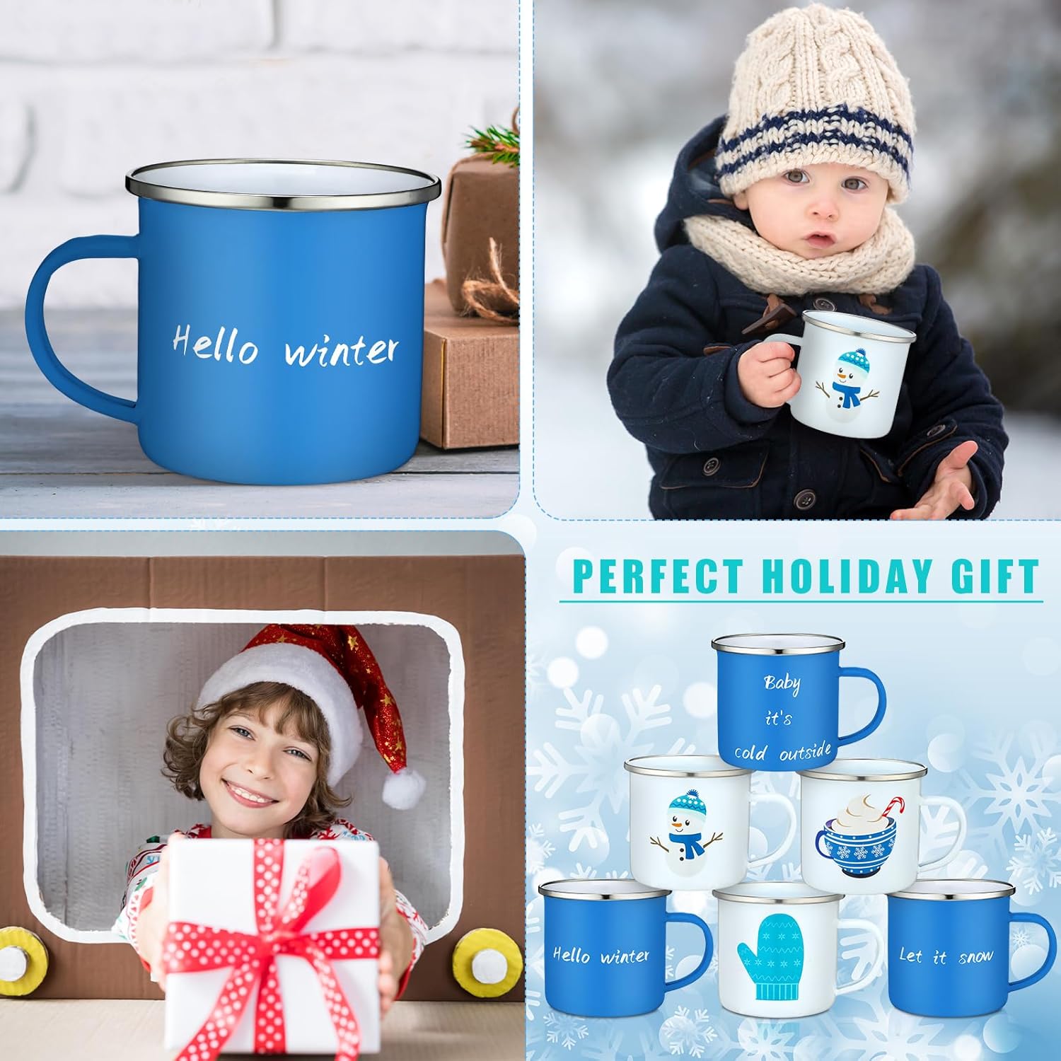 Christmas Mugs Set of 6 - Winter 9 oz Coffee Cups With Handle, Holiday Enamel Mini Mug for Hot Cocoa, Camping, Xmas Tea Party Gifts and Supplies