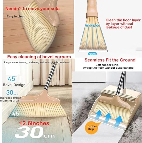 Miniatura 6 de Juego de escoba y recogedor para interiores, escoba de 41 pulgadas de altura con recogedor de pie, borde antiarañazos, diseño ergonómico de ángulo