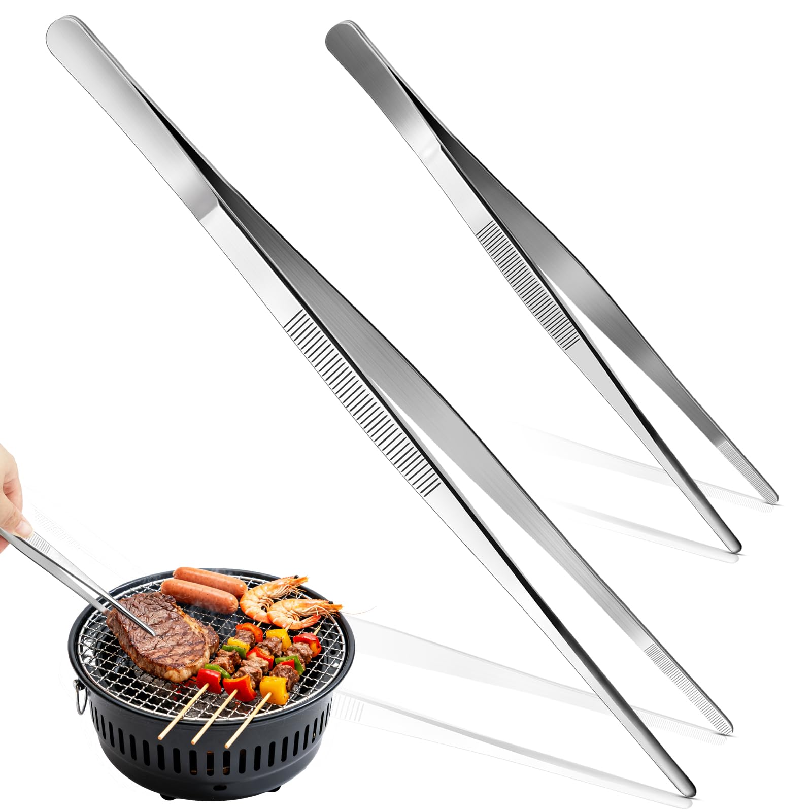 2 PCS Chef Tweezers (20CM/7.9in and 30CM/11.8in), Kitchen Tweezers for Cooking with Serrated Tips, Stainless Steel Tweezer Precision Tongs, Cooking Tweezers for Baking, Plating and Barbecue etc.