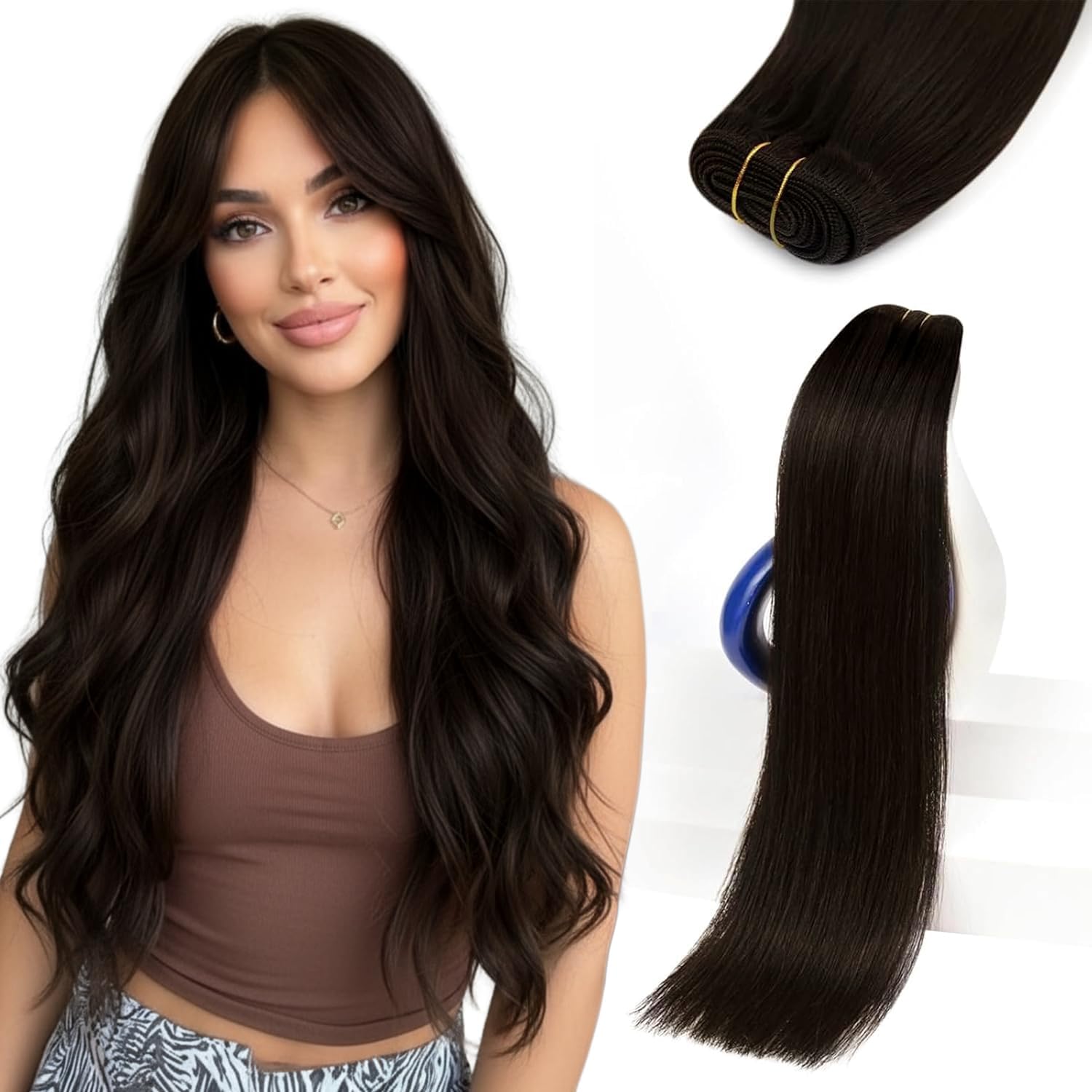 Sunny Hair Sew in Hair Extensions Human Hair 24 Inch 100g Darkest Brown