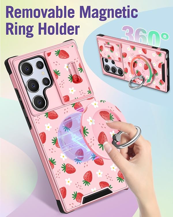 Buleens for Samsung Galaxy S23 Ultra Case - with Ring Stand & Camera Cover Aesthetic Cute Designed Women Girls Girly Kawaii Strawberry for Samsung S23 Ultra Phone Case Compatible with Magsafe by Buleens - Used condition - Image 5