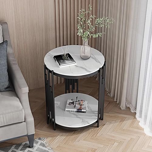 Miniatura 12 de Mesa auxiliar redonda moderna con parte superior de mármol sintético y marco de metal, mesa auxiliar de 2 niveles para sala de estar, dormitorio,