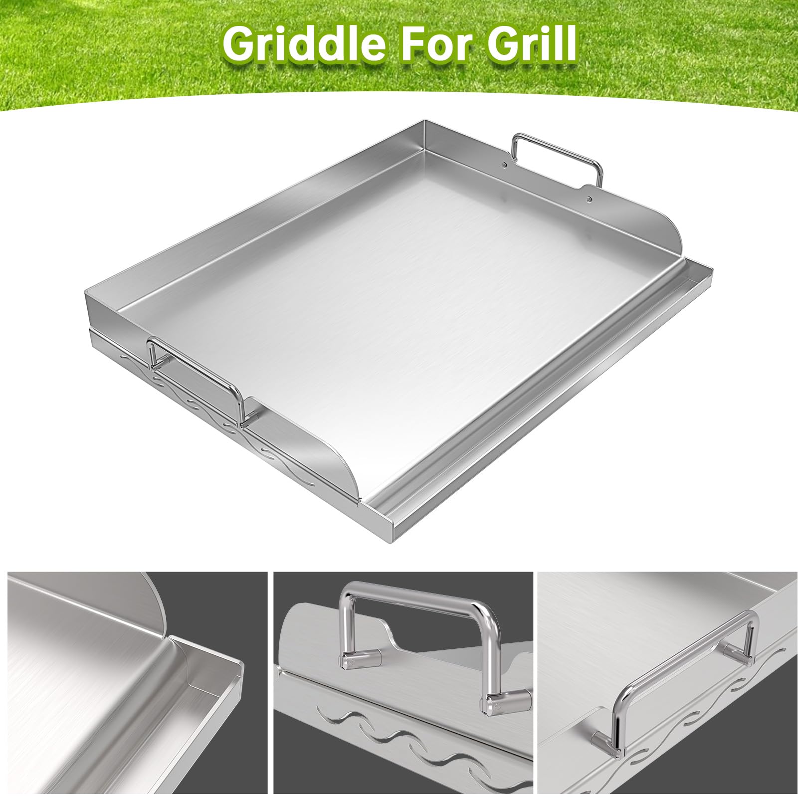 Plancha universal de acero inoxidable con soporte de calefacción uniforme para parrillas de carbón y gas, campamento, fiestas y fiestas, con ranura para grasa y asas extraíbles (17 x 13 pulgadas) 4