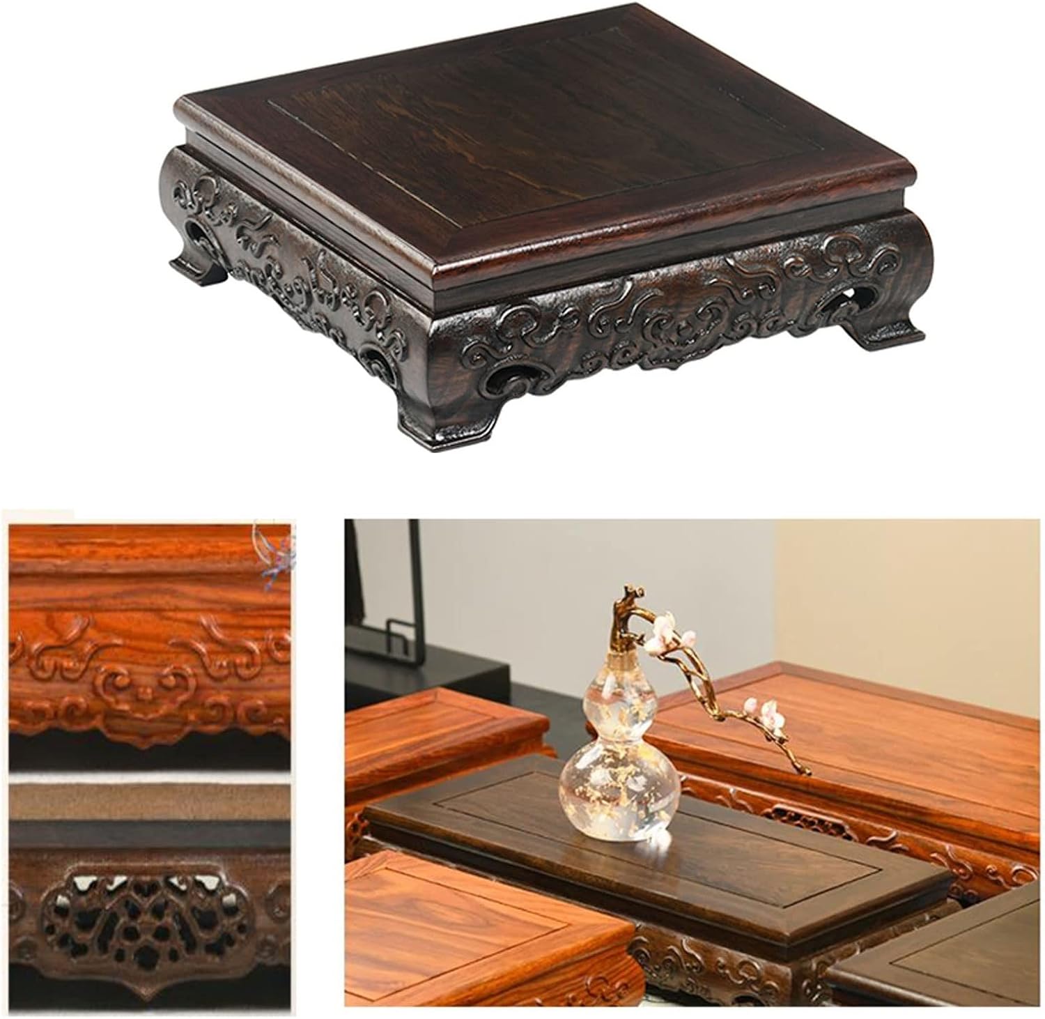 Bonsai Pedestal Vase Pedestal Stands Bonsai Base Retro Square Wooden Teapot Base Vase Carved Buddha Statue Decorative Base Home Display Stand Planter Stand Plant Holder (Size : Medium)