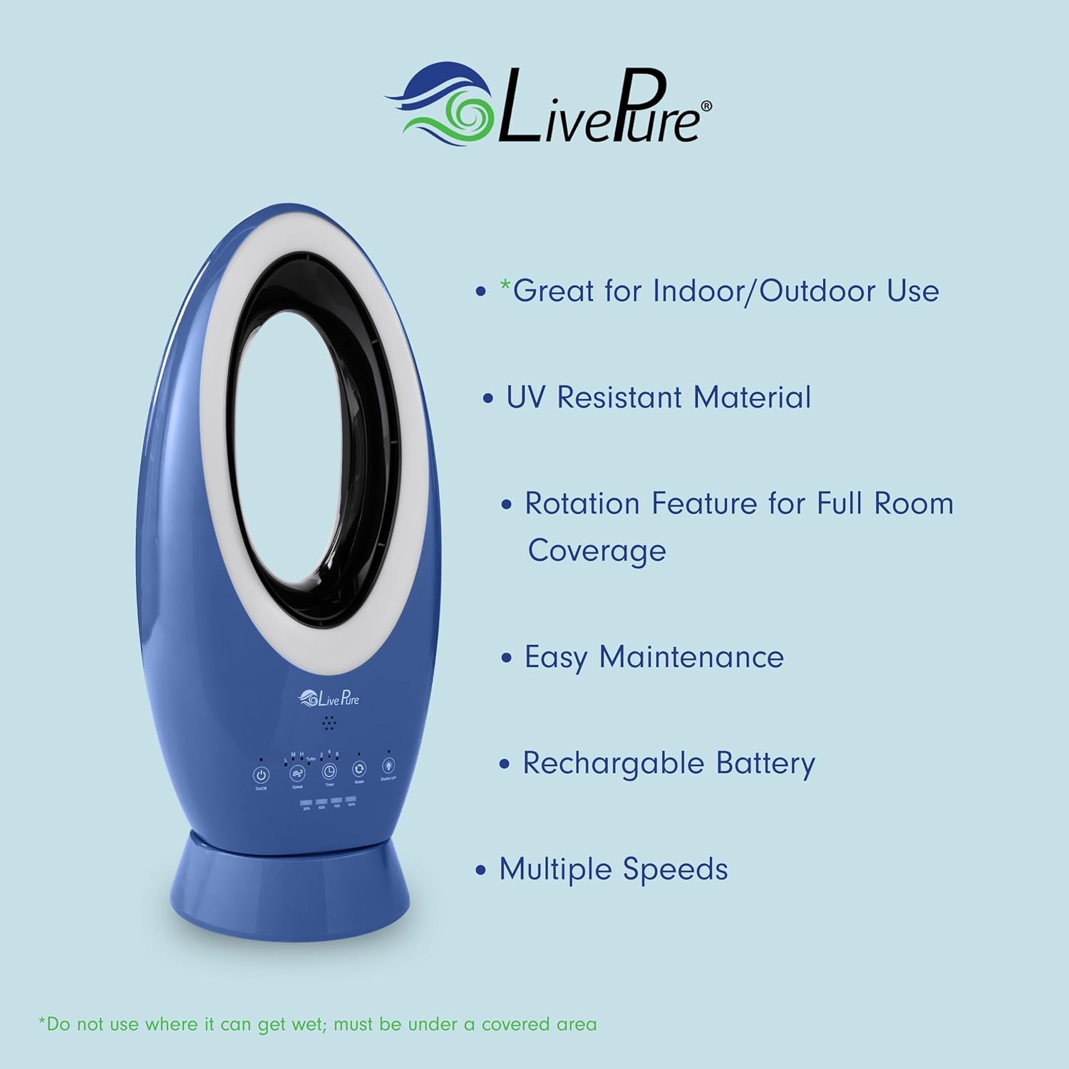 LivePure LP1780 Bladeless Rechargeable Fan with Remote, Sleep Timer, Accent Light. Premium Portable Fan for Bedroom, Garage, Outdoors. Black