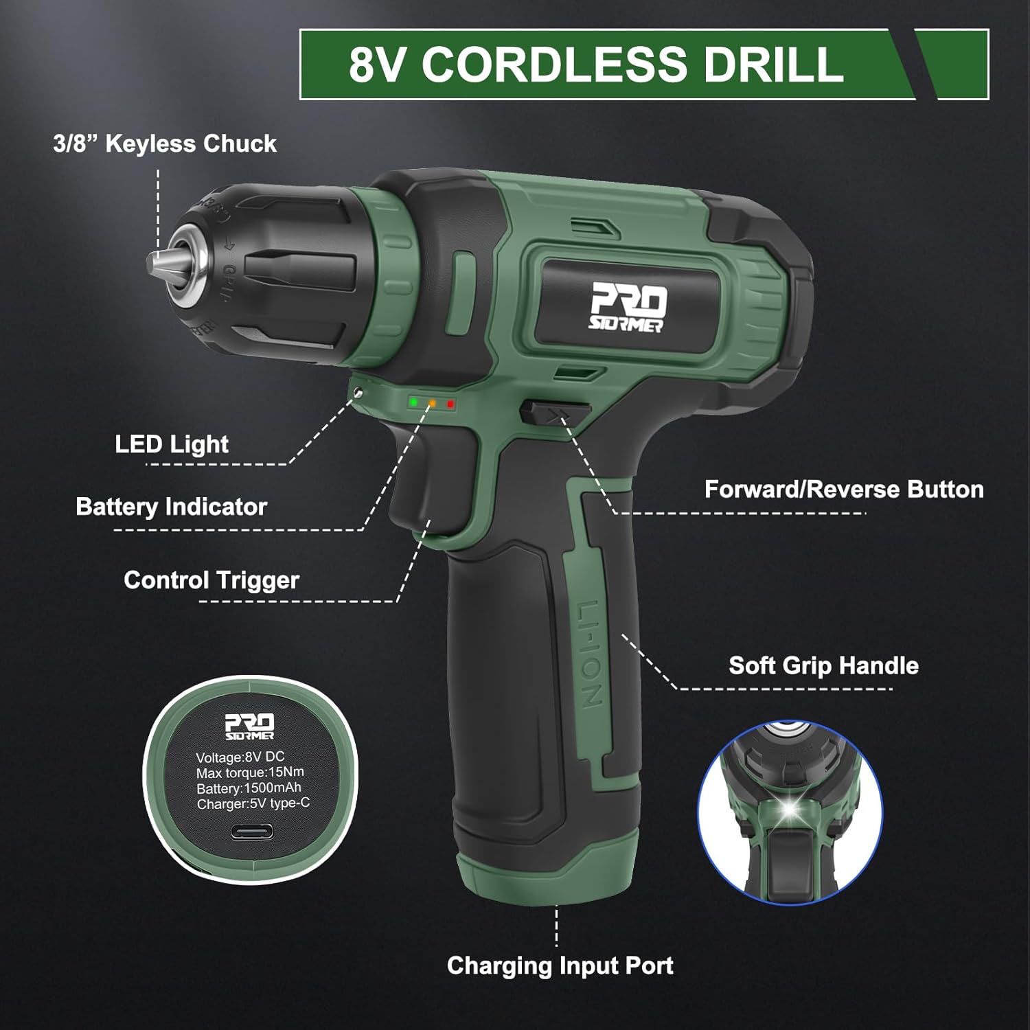 Prostormer Tool Set with 8V Cordless Drill, 369-Piece Home Tool Kit with Drill Driver, Toolbox Storage Case with Drawer, General Household Tools for Home Repairs and DIY, Handyman (Green)