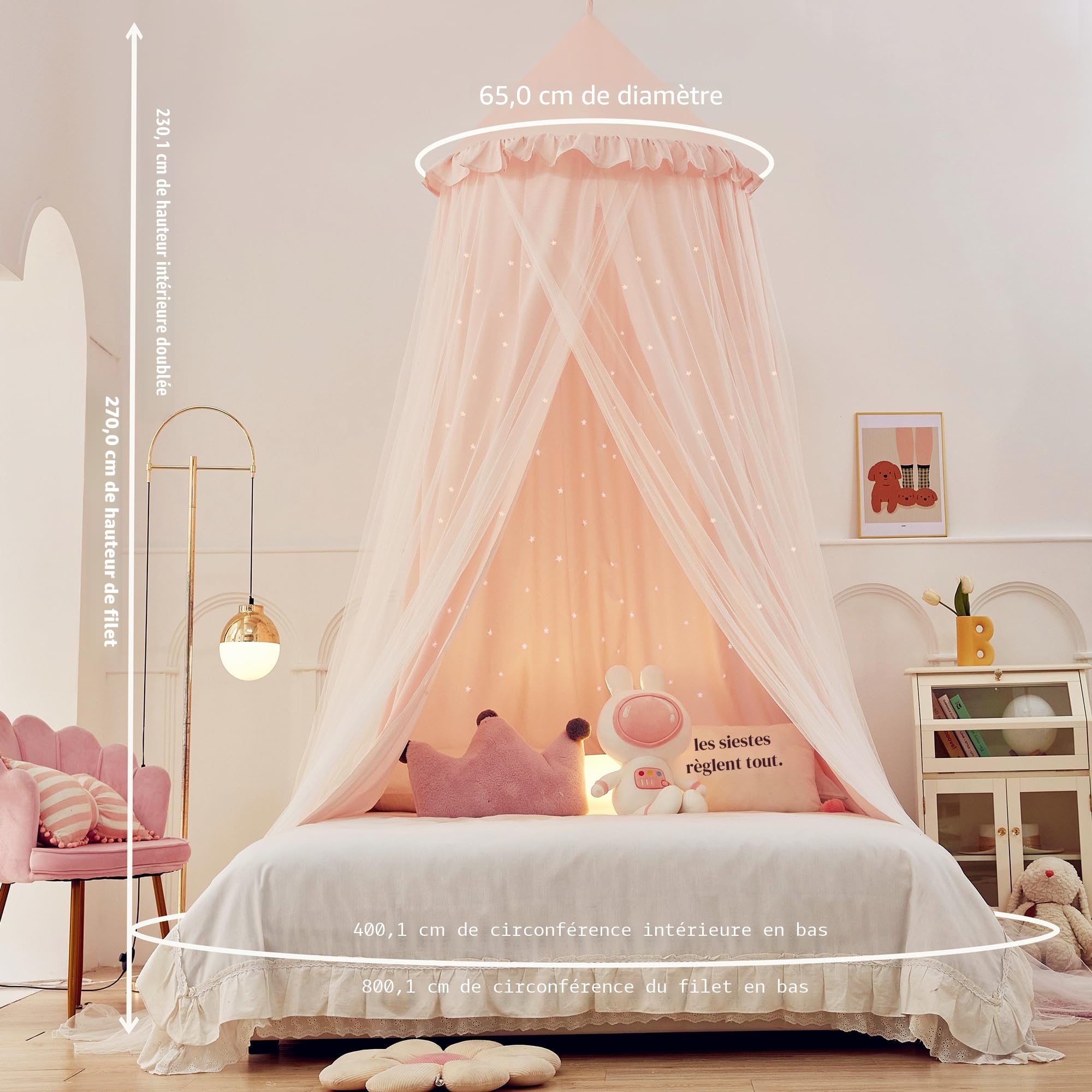 Baldaquin de lit princesse pour fille, double couche avec étoiles découpées, tissu respirant et lavable, convient pour lit double, tente féérique pour décoration de chambre