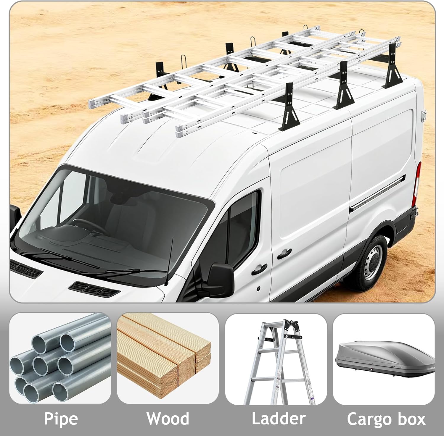 No Drilling Required Van Ladder Rack,Van Roof Rack with Cargo Stoppers,Compatible with Ford Transit150/250/350/Connect,2011-2025 Nissan NV 1500 2500 3500