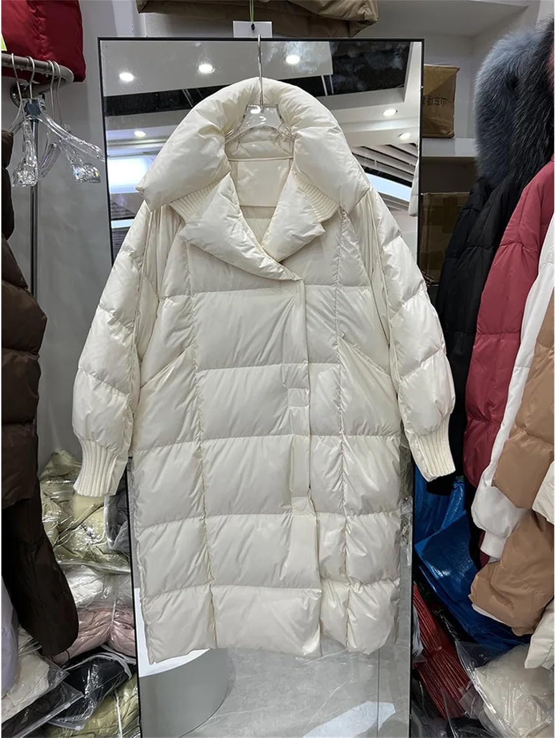 Women Winter Lapel Knee Length Fluffy Down coat Button Long Outwears White Duck Down Warm Outwear