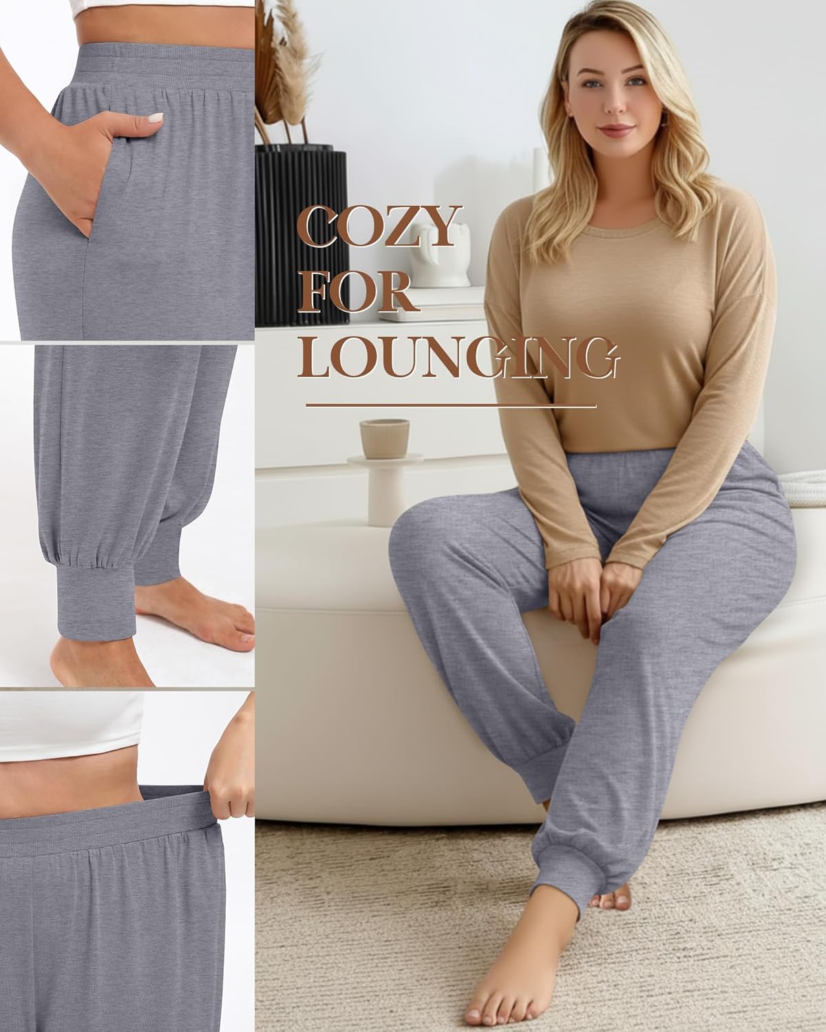 3 Pack Women's Plus Size Yoga Joggers, Comfy High Waisted Lounge Pants Loose Casual Sweatpants Pajama with Pockets - Image 4