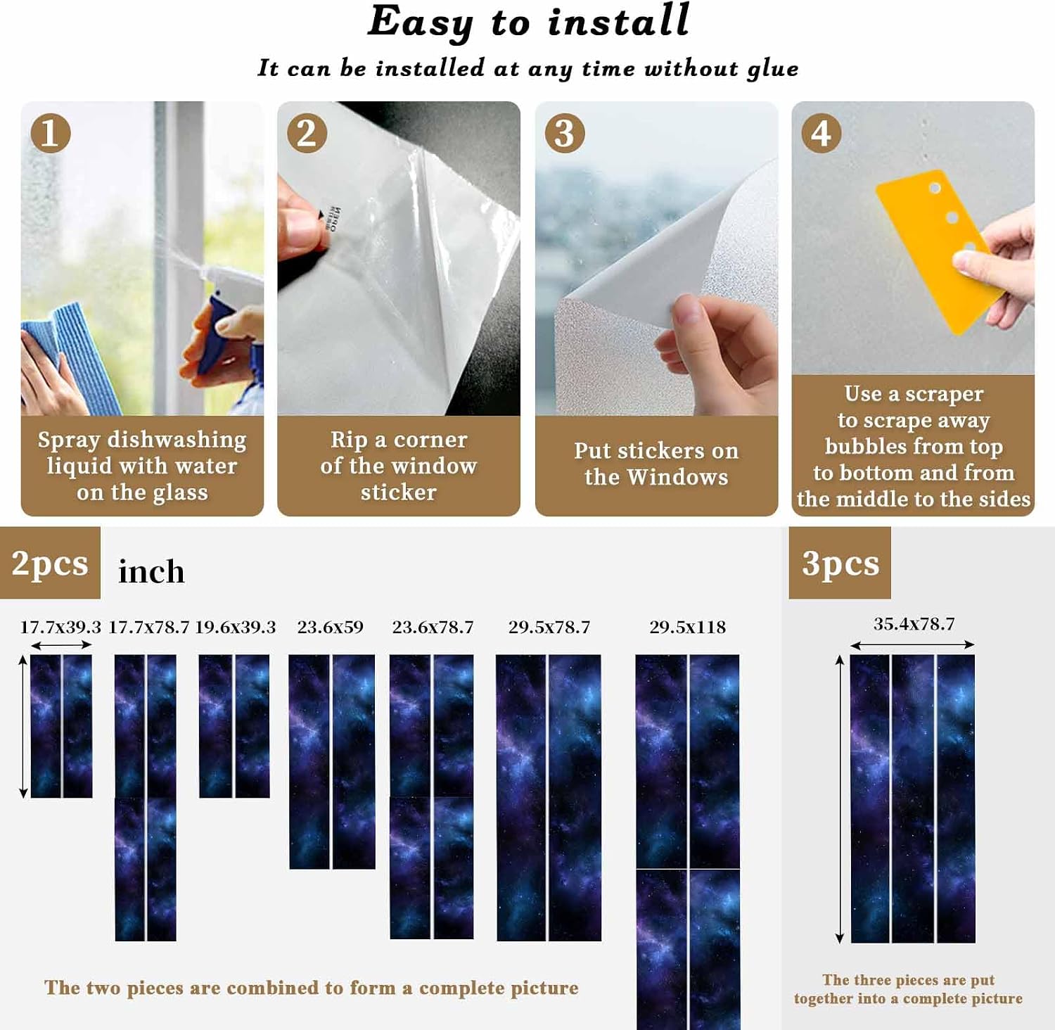 Abstract Starry Sky Window Privacy Film Blue Black Purple Night Sky Star Decorative Glass Window Film UV Blocking Static Cling Non-Adhesive Sticker Covering for Home Door 35.4x78.7 inches