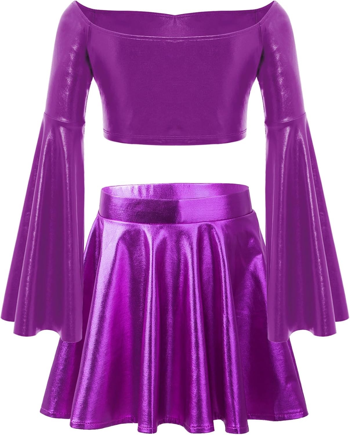 FEESHOW Kids Girls Metallic Long Flared Sleeve Crop Top with Pleated Mini Skirt for Jazz Hip Hop Dancing Cheerleading Purple 16 Years