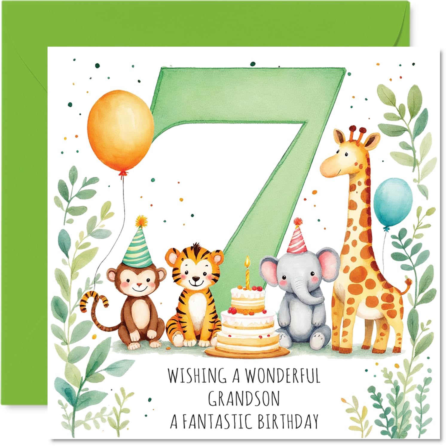 Playful 7th Birthday Card for Grandson - Bursting with Birthday Cheer - Party Animals, Cake and Balloons with a Big Number 7-145mm Square, Envelope Included