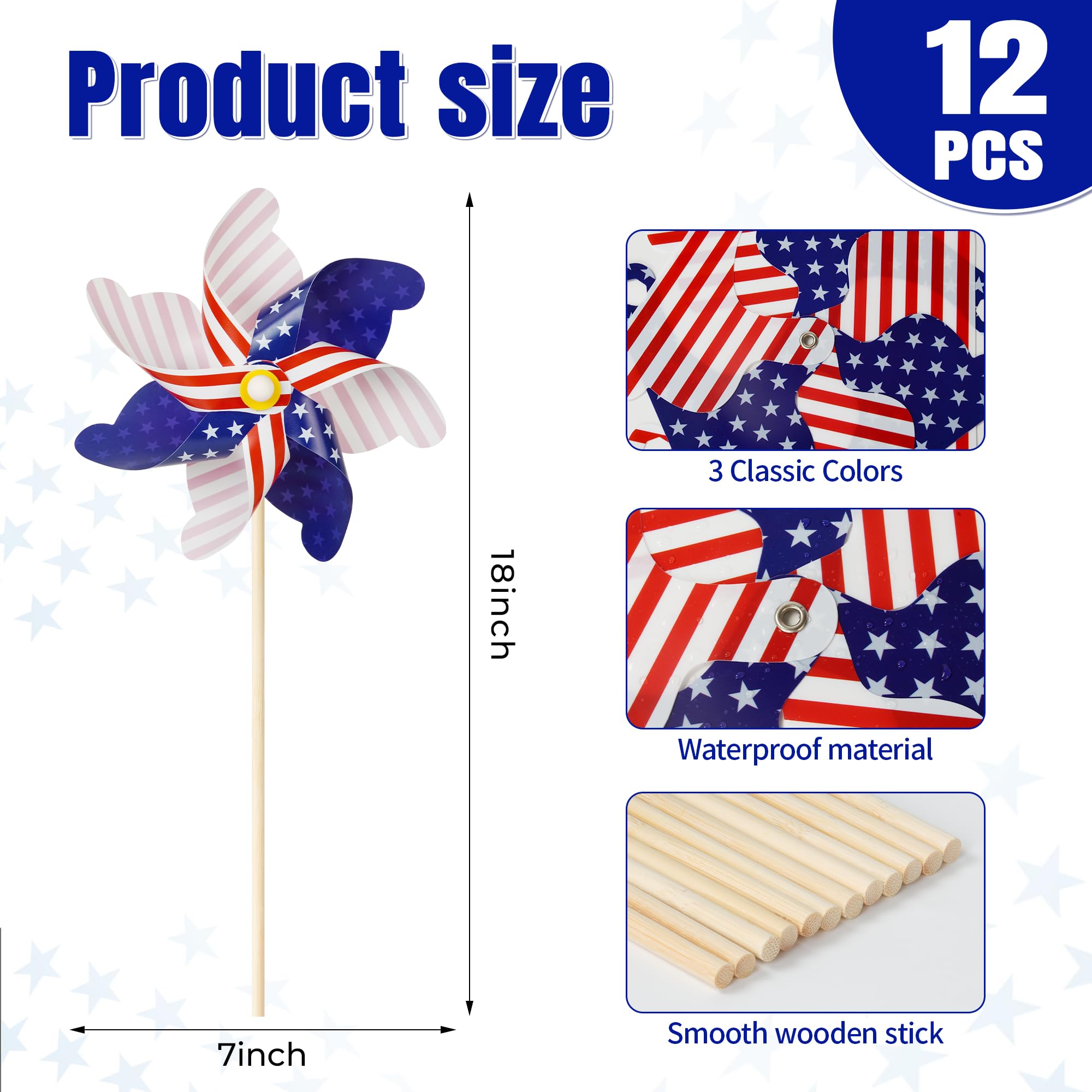 12Pcs American Flag Patriotic Pinwheels for Independence Day, Fourth of July Yard & Patio Wind Spinners