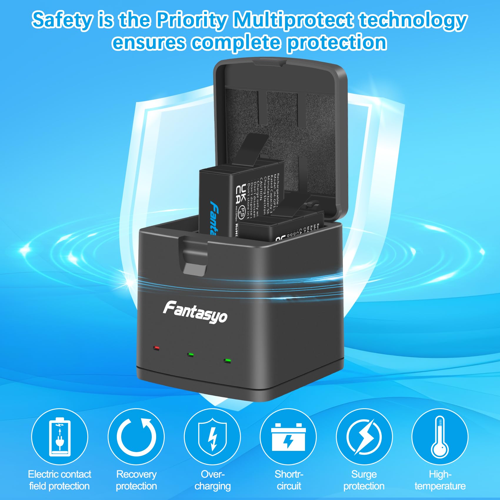 Fantasyo Batterie di ricambio da 2100 mAh (confezione da 2) per GoPro Hero 13 Black e caricatore rapido a 3 canali, completamente compatibili con batteria e caricabatterie GoPro Hero 13