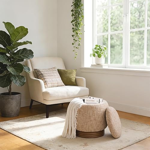 Miniatura 3 de Otomana redonda con almacenamiento, taburete de tocador, reposapiés tapizado con marco de madera resistente (500 libras), mesa de centro pequeña y