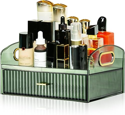 Halbeira Organizador de maquillaje para tocador, organizador de maquillaje vintage a rayas, organizador de maquillaje acrílico para encimera con