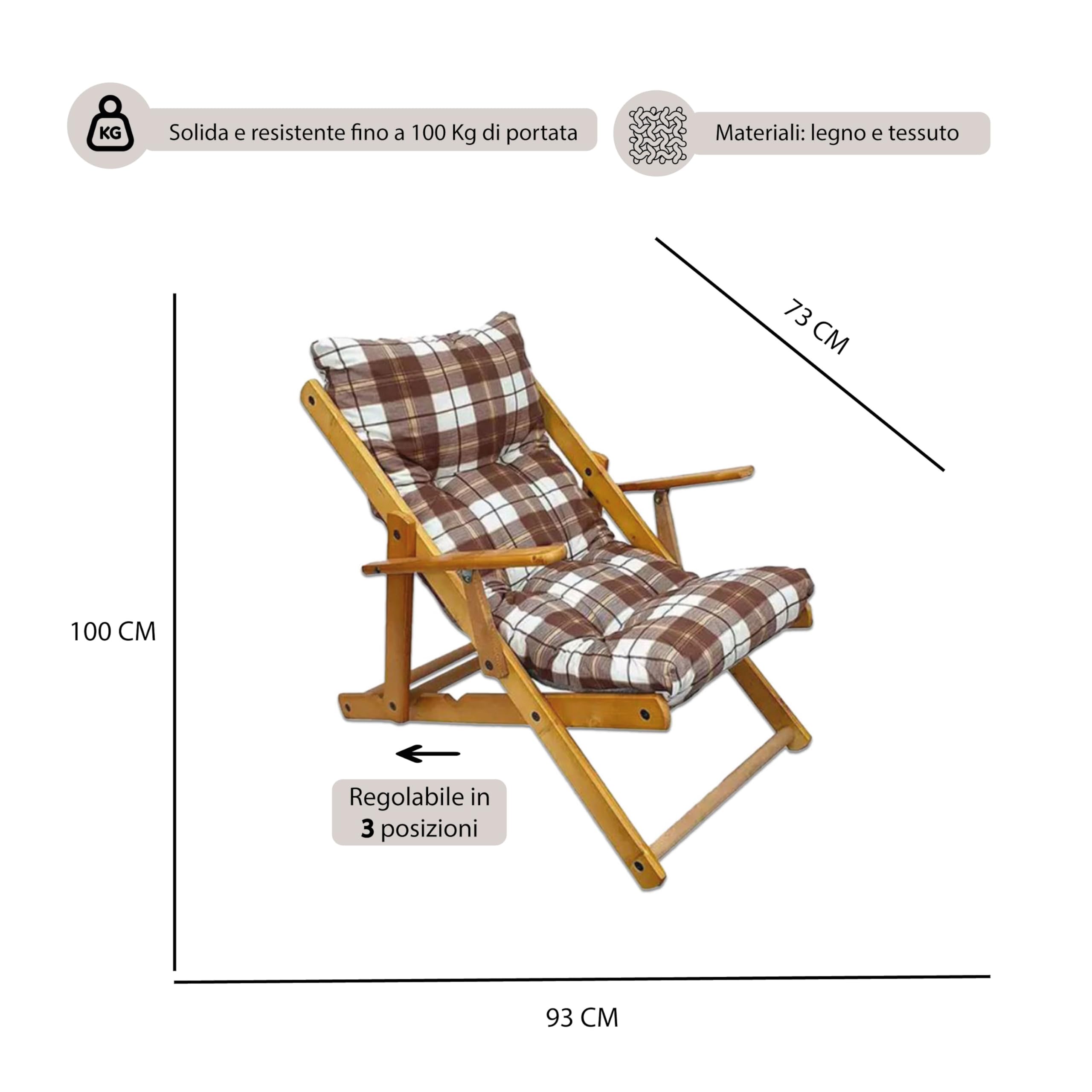 MAURY'S Poltrona Sdraio Harmony Relax w Legno 3 posizioni z Cuscino Imbottito (Scozzese)