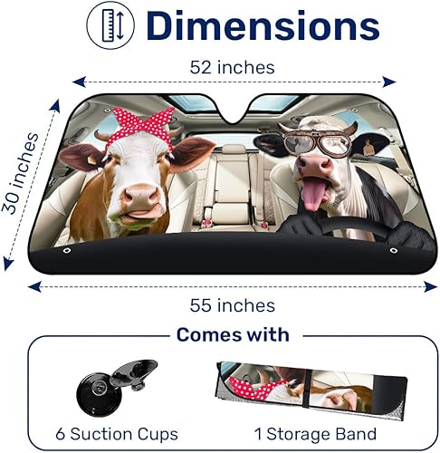 Miniatura 2 de Gracioso Parasol de Parabrisas de Vaca en Pareja para Coche, SUV, Camión (55x30 Pulgadas), Parasol de Parabrisas, Sombras para Ventanas, Protector