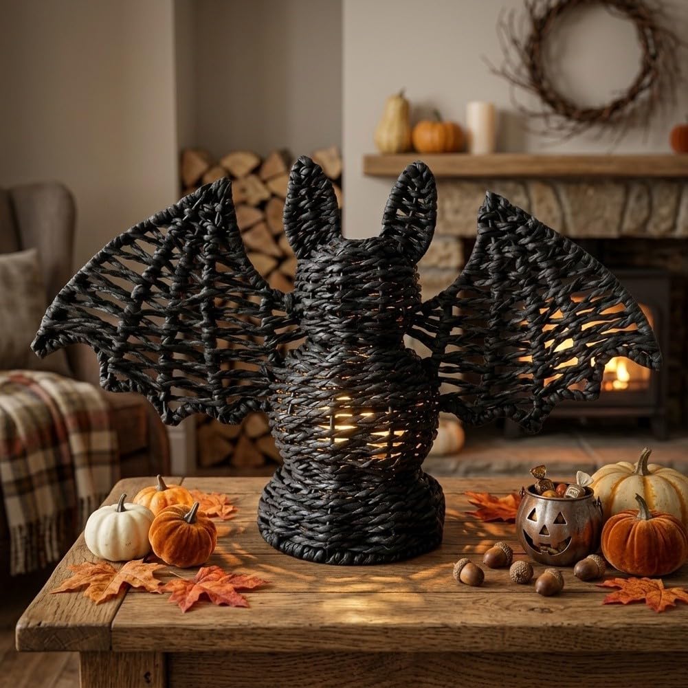 Lámpara de murciélago de mimbre, encantadora lámpara de Halloween de murciélago de sauce, única