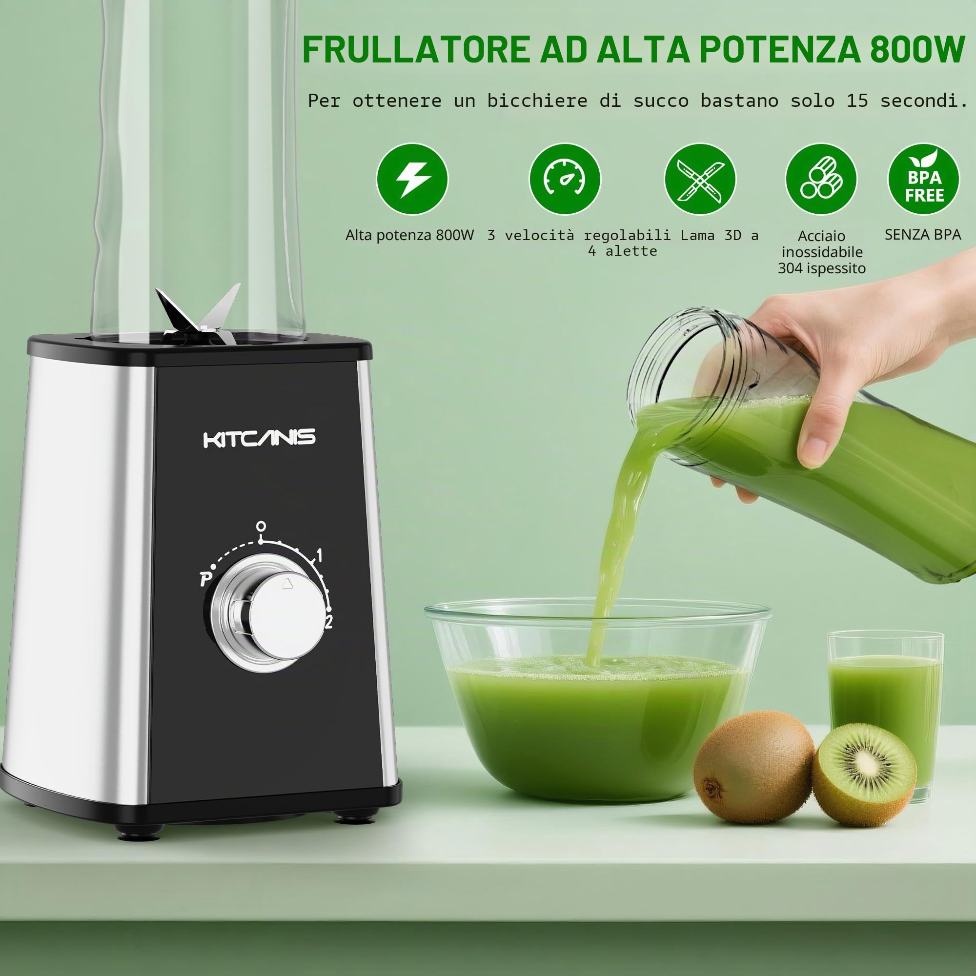 KITCANIS Mini frullatore 3 in 1, frullatore elettrico 800W, 3 velocità regolabili, 2 bottiglie portatili da 600 ml e tazza da 300 ml per gelato, frutta, verdura, noci