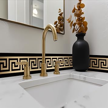 funlife Greece Pattern Peel and Stick Wall Border Stickers, Self Adhesive Skirting Wall Waist Line Decal for Bathroom Wall Vanity Mirror, 78.74"X3.93" Brushed Gold 1 Roll