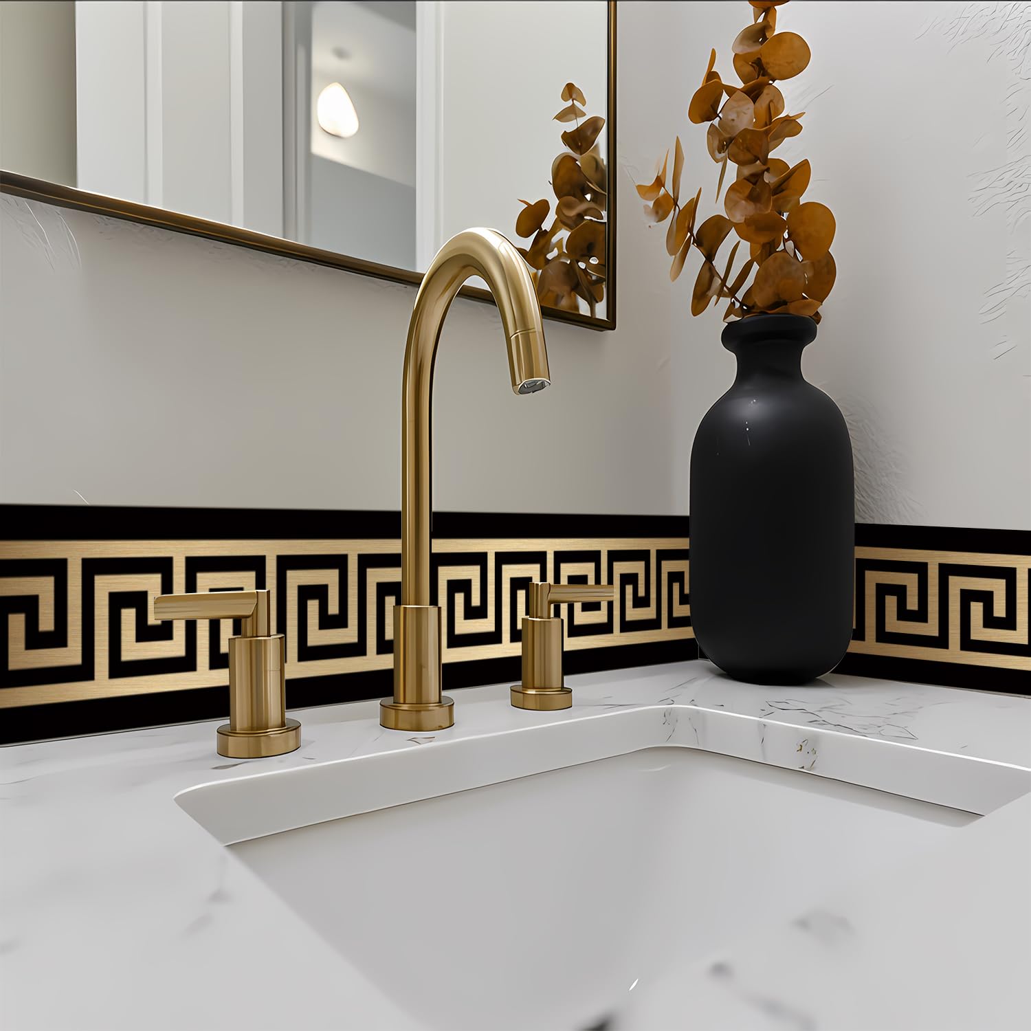 Greece Pattern Peel and Stick Wall Border Stickers, Self Adhesive Skirting Wall Waist Line Decal for Bathroom Wall Vanity Mirror, 78.74"X3.93" Brushed Gold 1 Roll