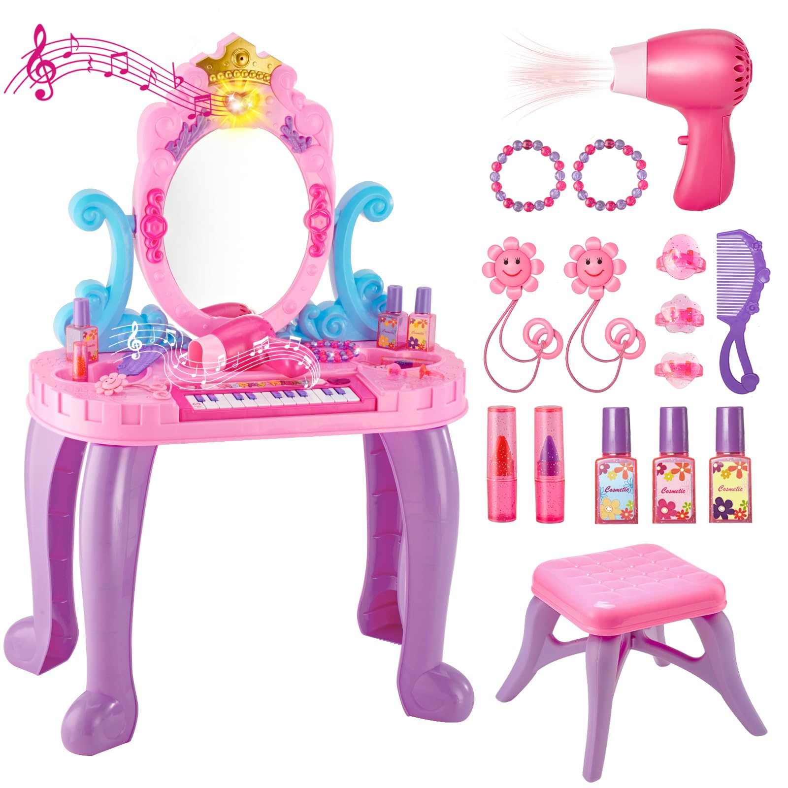 Amazon.com: Vanity Makeup Table Toy for Kids, Toddler Girl Pretend Play  Makeup Accessories- Princess Dress Up Set, Music Piano & Lights, Adjustable  Mirror, Hairdryer, Mermaid Table & Chair Kit, Birthday Gift :