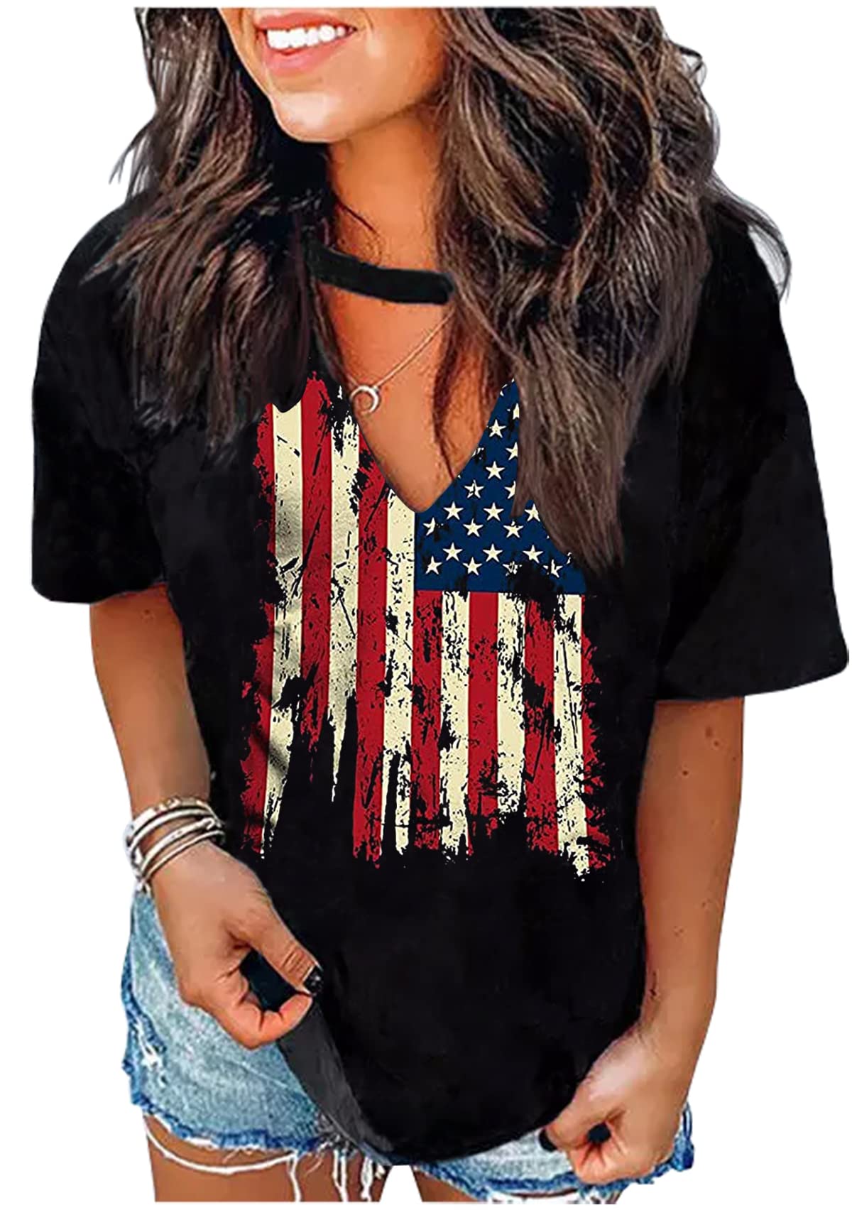 Sexy V Neck T Shirts for Women Tie Dye Hollow Out Blouse Tops Summer Loose Casual Shirt Country Music Graphic Tee Shirts