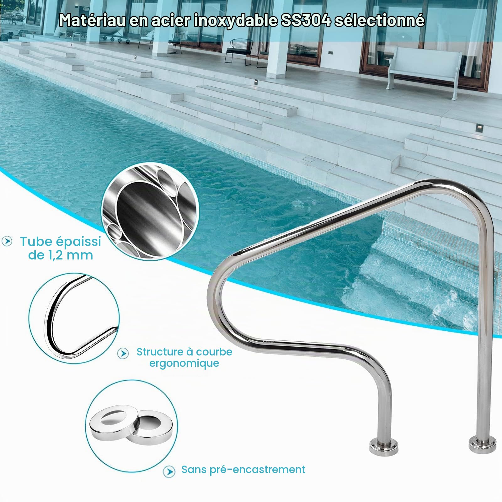 Rampes De Piscine Main Courante De Piscine en Acier Inoxydable avec Base À Montage Rapide Capacité De Charge De 120kg Barre D'Appui pour Entrées Piscines Creusées (Size : 1 Pack)