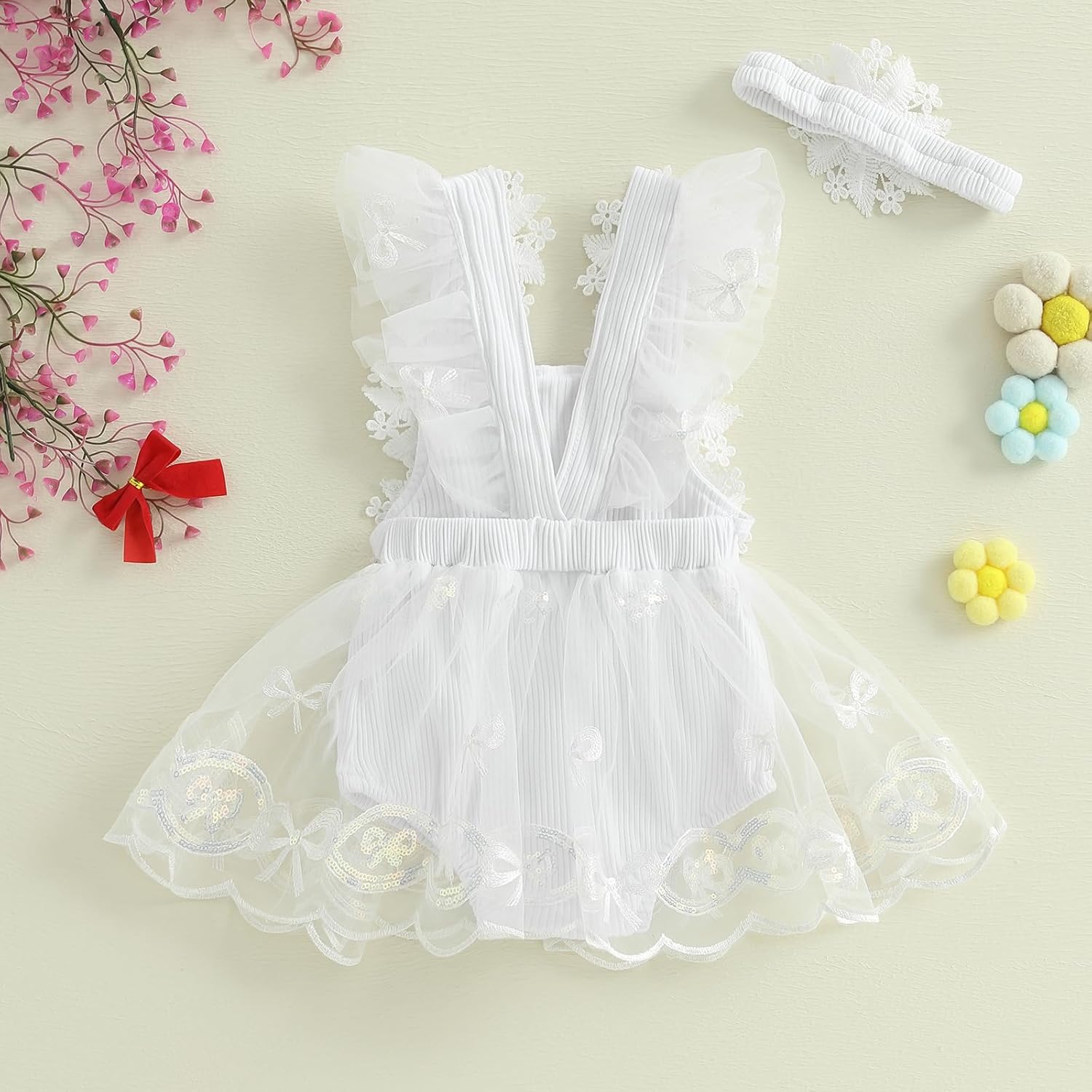 Infant Baby Girl Romper Dress Sleeveless Bow Flower Lace Tulle Dress Bodysuit Headband Newborn Summer Outfits - Image 4