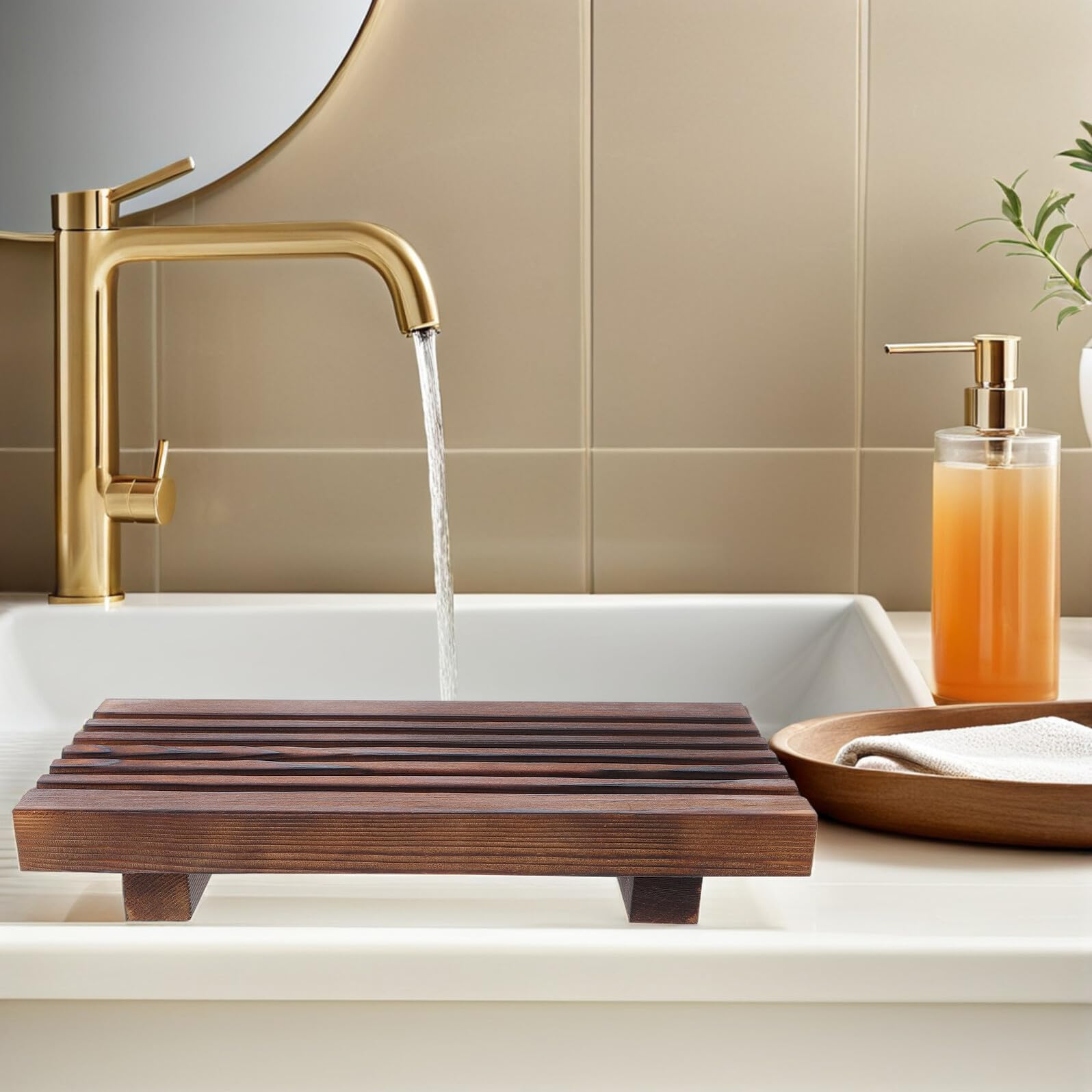 TOYANDONA Vassoio da Bagno in Legno Rustico Stile Country per Decorazione Lavabo, Organizer Compatto Base a Piedistallo per Sapone e Accessori da Appoggio