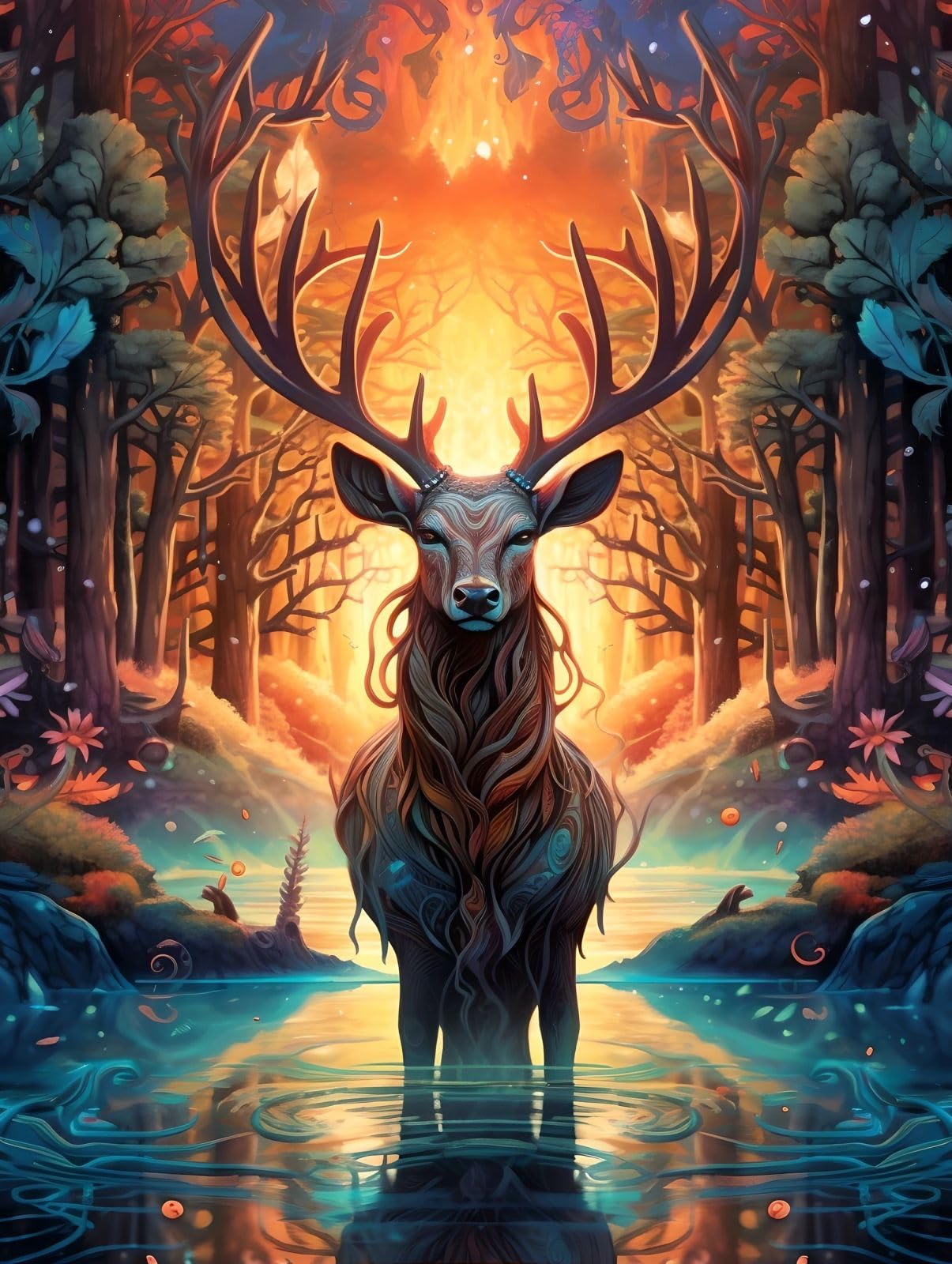 Kit Point De Croix Complet “Cerf Au Bord De La Rivière” - 40x50cm, Toile 11CT Imprimée, Fils Inclus