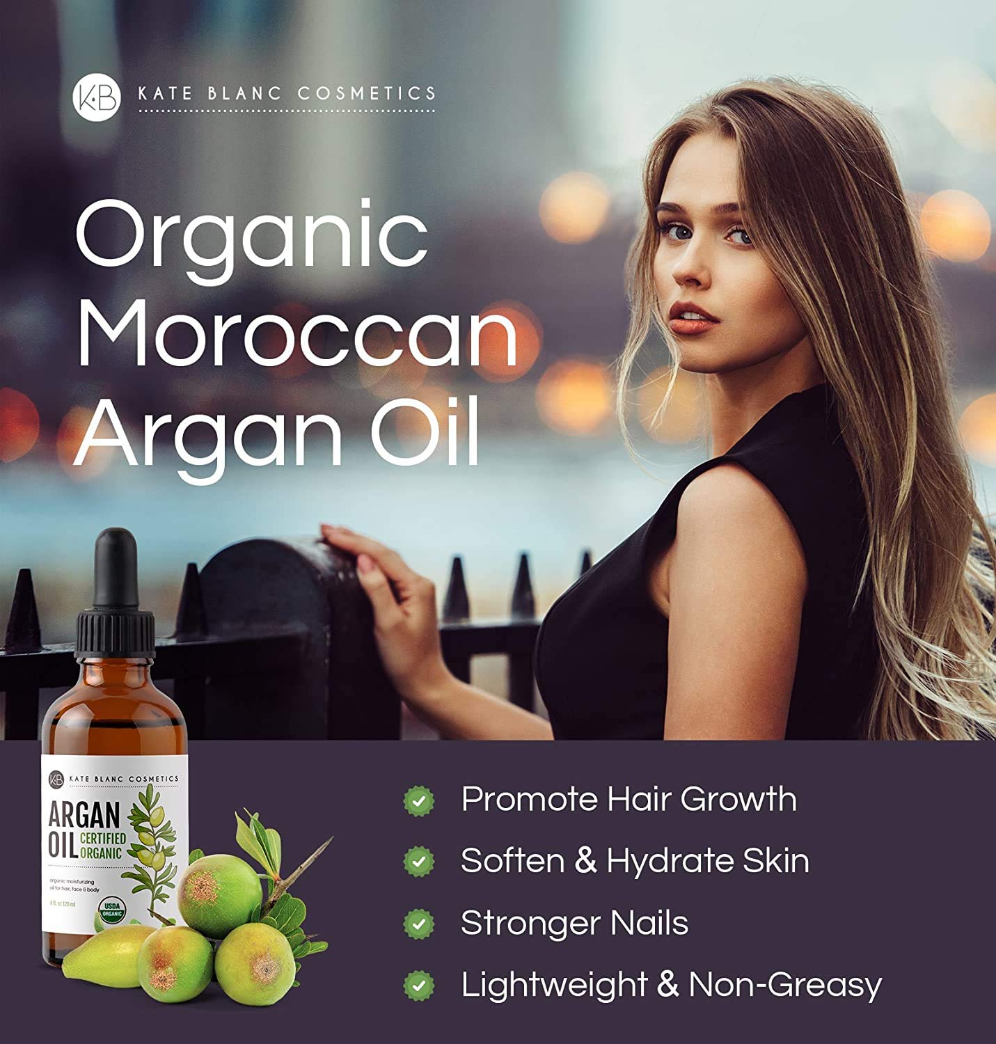 Argan Oil for Hair and Skin from Kate Blanc Cosmetics. 100% Pure, USDA Certified Organic, Coldpressed. Stimulate Growth for Dry and Damaged Hair. Skin Moisturizer. Nails Protector (Regular 4oz) : Beauty & Personal Care
