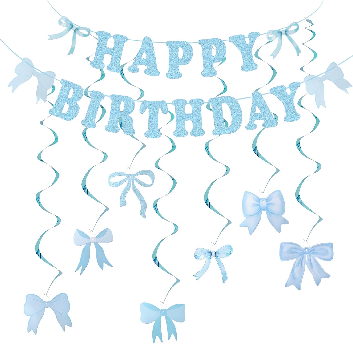 Happy Birthday Banner with Bowknot Blue Birthday Party Decoration Hanging Bow for Women Girls Birthday Party Baby Shower
