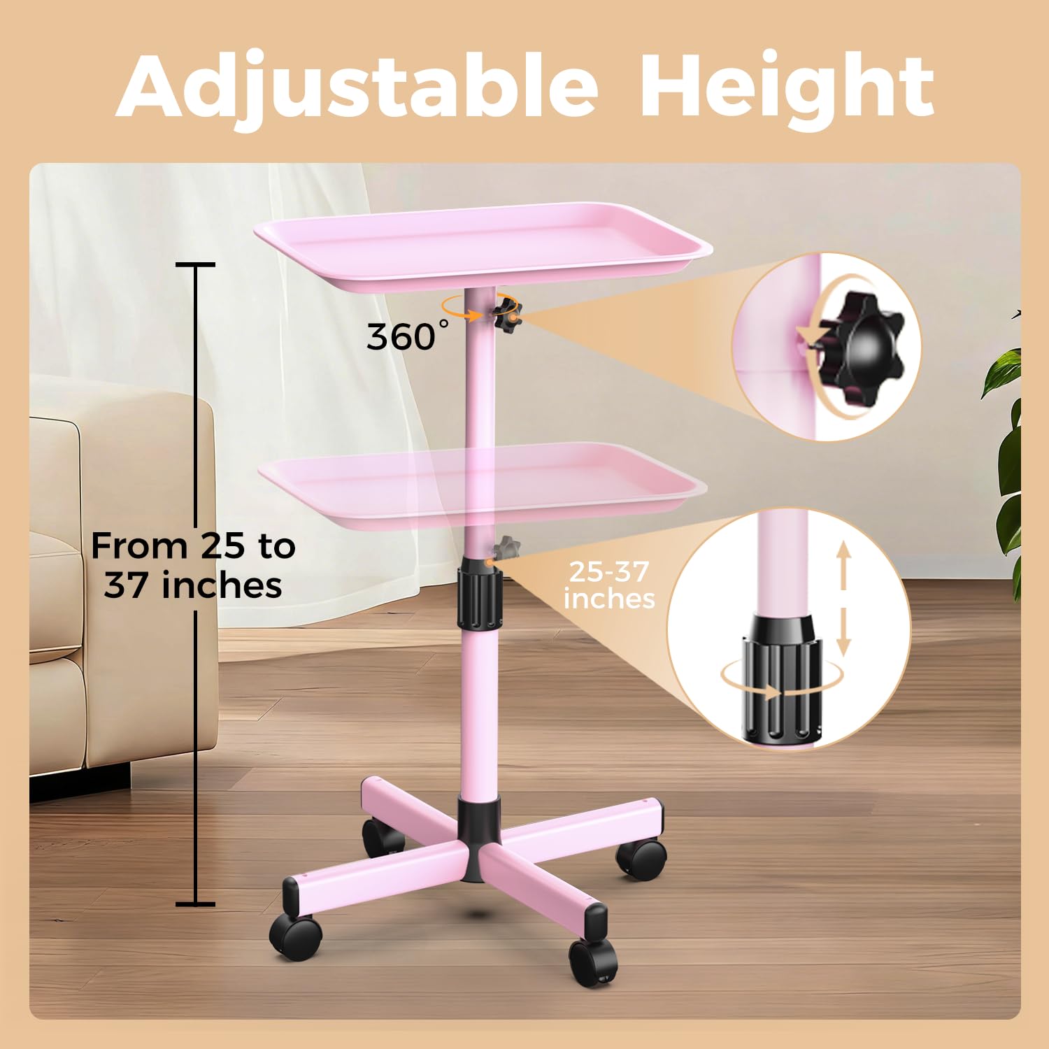 Back-Saving Salon Tray on Wheels, Adjustable Height (25-36inch) Rolling Cart for Hair Stylists, Tattoo Artists, Lash Techs—Spa Clinic Home Salon Trolley (36inch-Pink, 12.3×16inch)