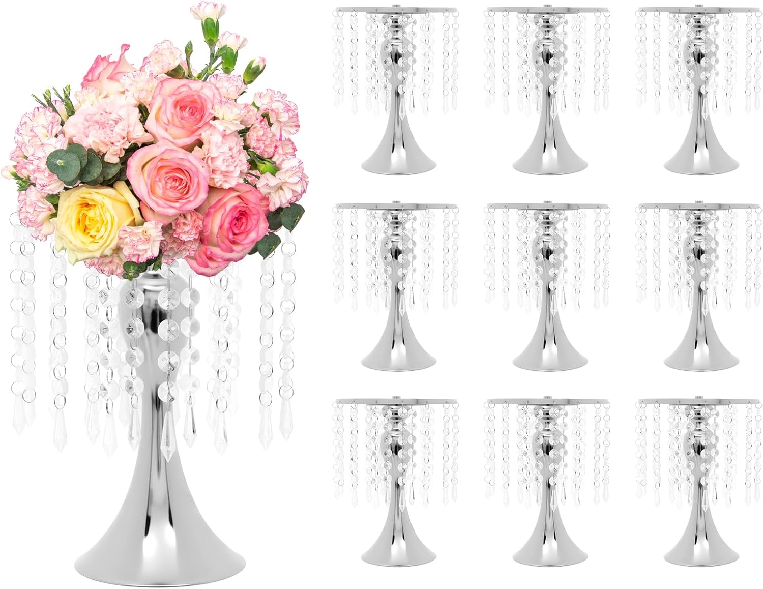 10Pcs 26cm/10.23" Tall Crystal Wedding Flower Stand Metal Wedding Centerpiece Vase Gold Wedding Centerpieces Vase Tabletop Decoration for Wedding, Birthday, Home