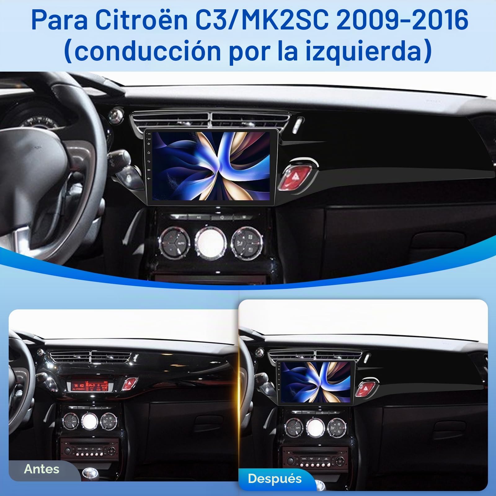 [2G+64G] Android Radio Coche para Citroën C3/MK2SC 2009-2016（Left-Hand Drive con Wireless Carplay y Android Auto, Radio de Coche con Pantalla Táctil de 9 Pulgadas con GPS/WiFi/Bluetooth/EQ/FM RDS