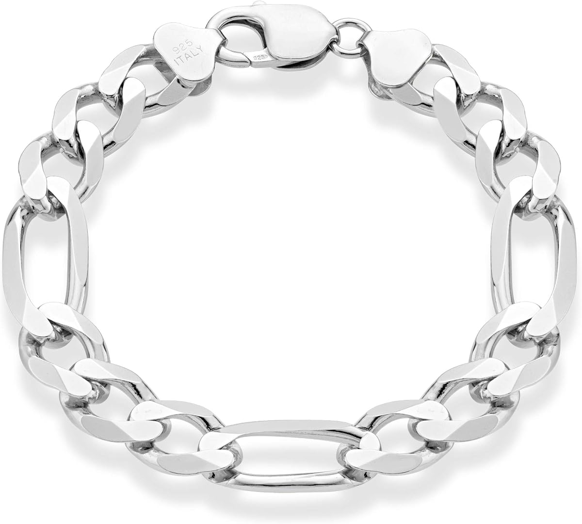 925 Sterling Silver Italian 11mm Solid Diamond-Cut Figaro Link Chain Bracelet for Men Made in Italy
