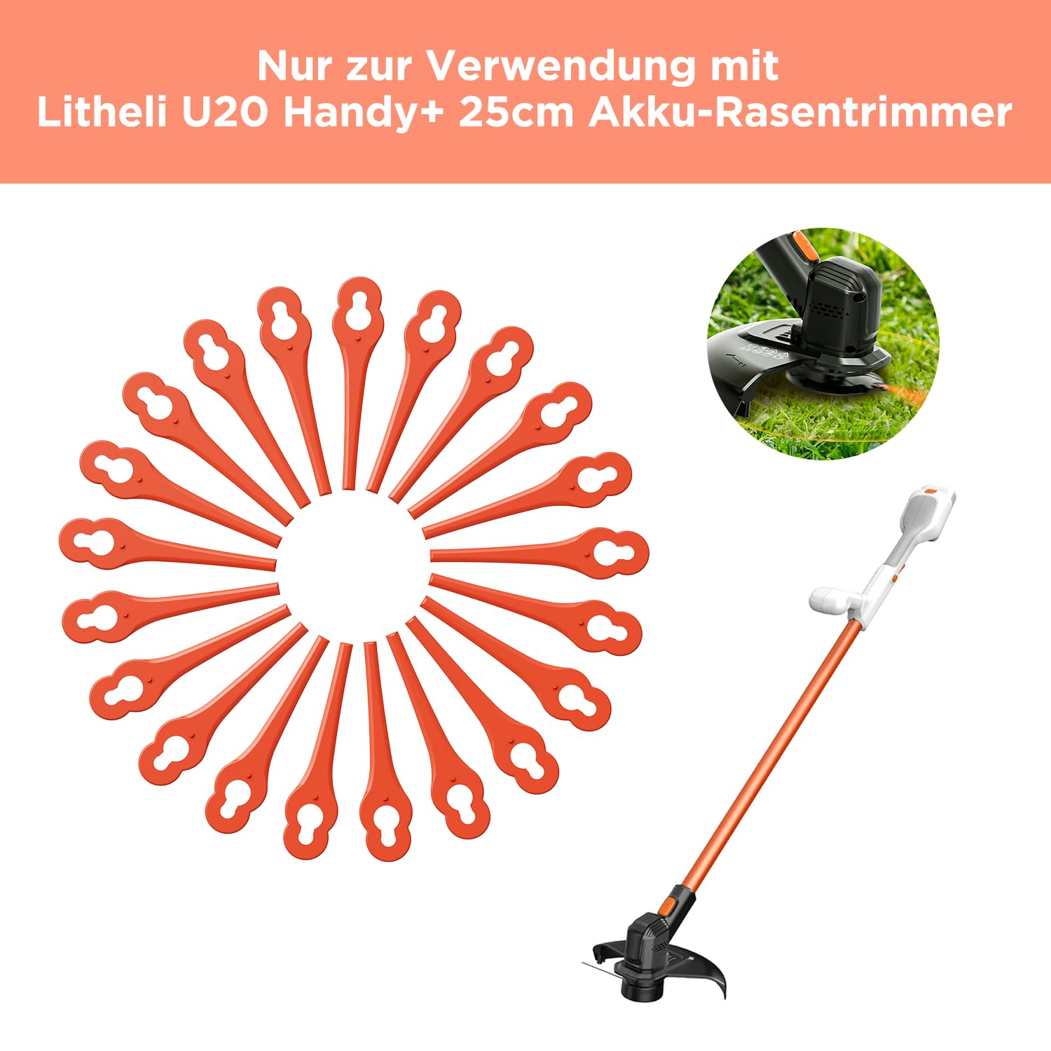 Litheli Rasentrimmer Ersatzmesser (20pcs) mit Litheli U20 Handy+ 25cm Akku-Rasentrimmer, Kunststoffmesser für Rasenkanten, Gartenwege und schwierige Bereiche